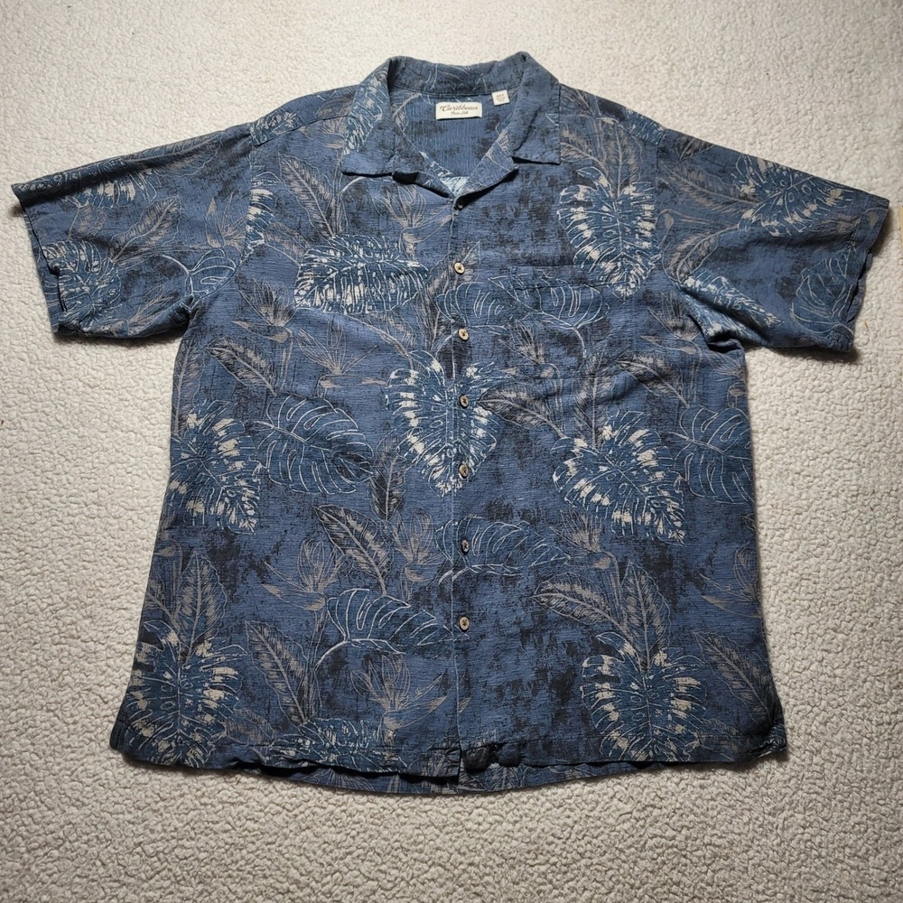 Caribbean Pure Silk Mens 2XT Blue Tropical Monstera Leaf Print Camp Shirt Tall